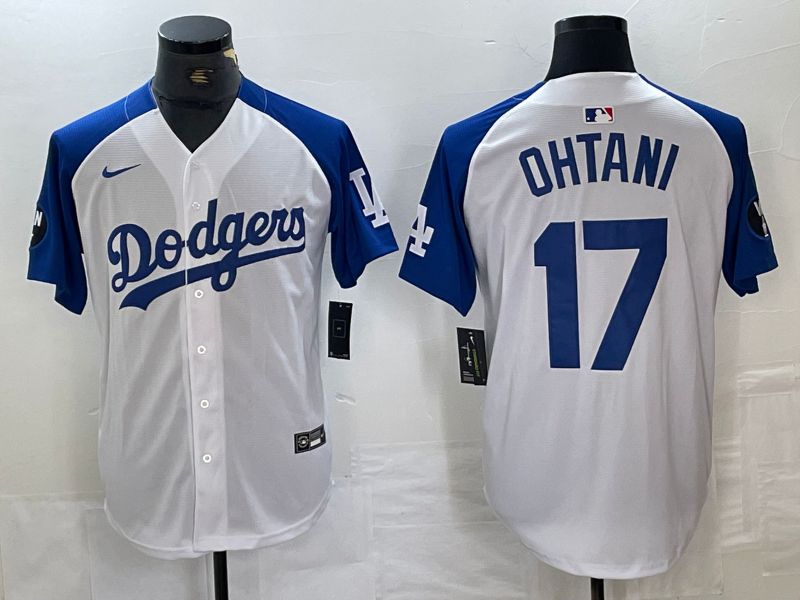 Men Los Angeles Dodgers #17 Ohtani White blue Fashion Nike Game MLB Jersey style 5